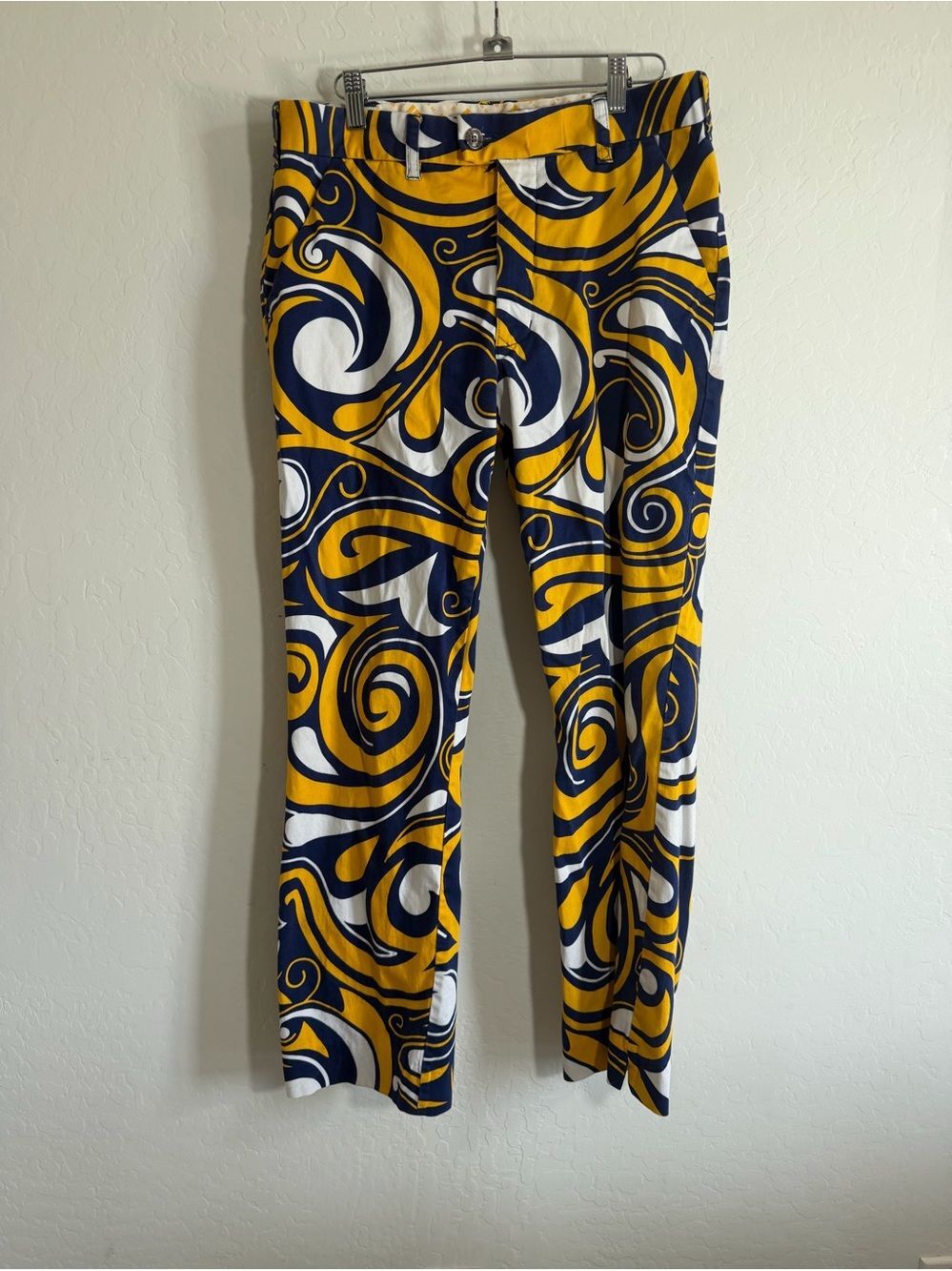 Loudmouth Golf "Swirls Gone Wild" Pants Yellow Blue White Paisley Abstract 32x32